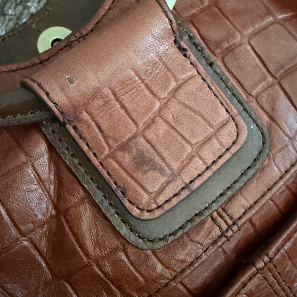 HOBO Croc-Embossed Brick Red and Chocolate Brown Tote with Ring Handle - Picture 5 of 8